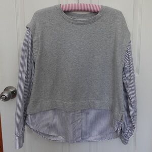 LOFT Gray Sweatshirt with Blue-and-White Striped Shirt Detail